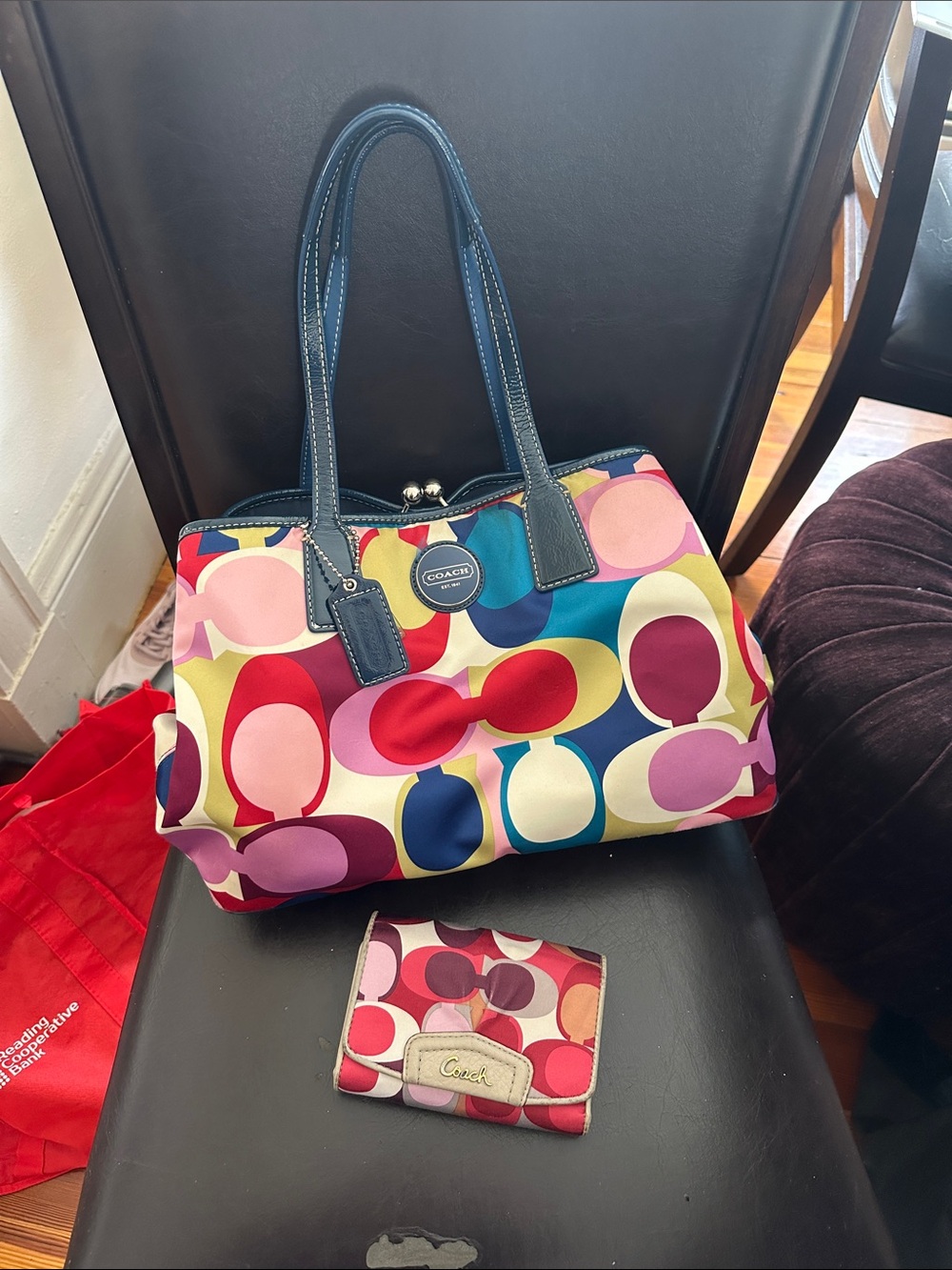 Coach Multicolor Signature Circle Print Tote with Kisslock compartment
